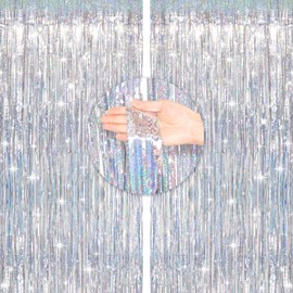 GCQQ Beauty 2 Packs Fringe Curtain Backdrop, 3.2x8.2Ft Glitter Tinsel Foil Fringe Curtains, Silver Fringe Curtain Backdrop, Metallic Tinsel Curtain Backdrop for Birthday, Bridal Shower, Anniversary