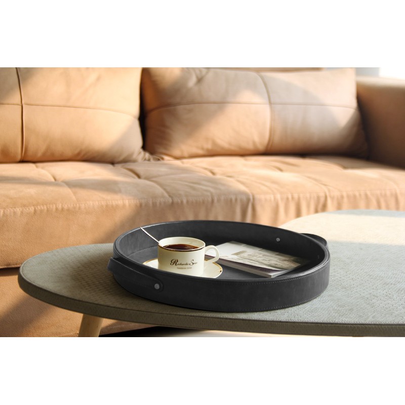 HofferRuffer Top Nocth PU Leather Round Serving Tray, Decorative Serving