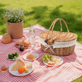 GRANNY SAYS Wicker Picnic Basket for 2 with Handles, Woven Cute Boo Basket with Washable Liner & Dual-Flip Lid, Vintage Large Picnic Baskets for Camping, Outdoor, Easter, Gift, Costume, Flower Liner