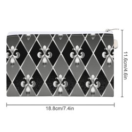 Soft Clutch Wallet, Women Handbag Canvas Zipper Makeup Bag Holder Purse for Credit Coin Bills Crash 7.4x4.6 in Print Mardi Gras Gold Fleur De Lis on Silver Black Rhombus