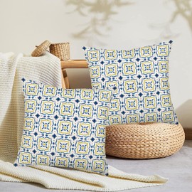 Smilyard Retro Boho Floral Lemon Throw Pillow Cover 24x24 Inch Set of 2 Bohemian Ethnic Flower Pattern Design Decorative Pillow Cases Blue Yellow Print Farmhouse Cushion Cover for Sofa Couch