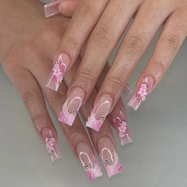 24PCS Press-On Nails with 3D Pink Flowers, Long Square Nails with Leopard and Floral Designs, Cute Full Cover Stick-On Kit for Women & Girls, Good for Fashionable and Trendy DIY Art