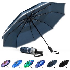 G4Free 42 Inch Windproof Folding Umbrella for Rain & Sun, Double Canopy Umbrella with Reflective Stripe, Auto Open Travel Compact Umbrella(Navy Blue)