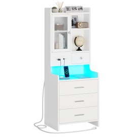 ADORNEVE Tall Night Stand with Charging Station and LED Lights,49.2" Nightstand with Bookshelf, White Bedside Table with Drawers,End Side Table for Bedrooms