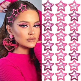 NAISKA 24Pcs Hot Pink Star Snap Hair Barrettes No Slip Hair Clips Star Y2k Hair Accessories for Girls