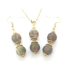 Gold-plated steel earrings and necklace set with green Unakite bead pendant and beads Tibetan