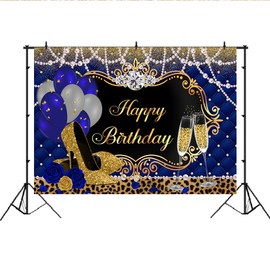 Lofaris Gold and Royal Blue Birthday Backdrop for Women Happy Birthday Party Background High Heels Blue and Sliver Balloons Pearl Leopard Decorations for Any Age Adults Women Party Supplies 7x5ft