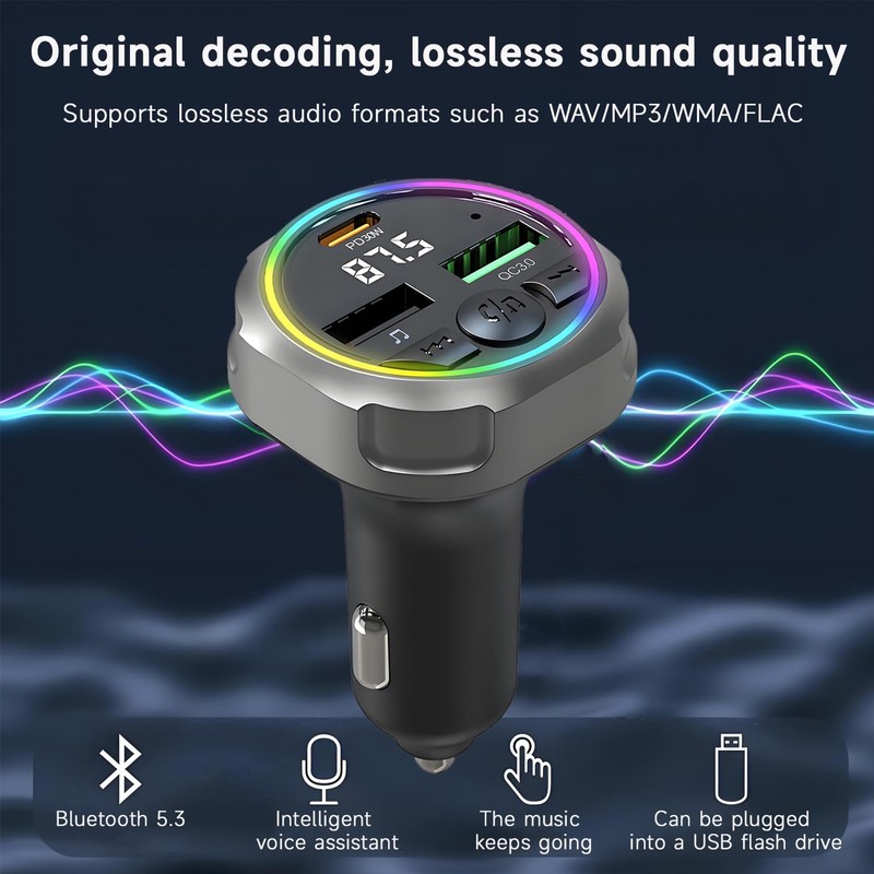 QUMOX Bluetooth 5.3 FM Transmitter Car Charger, PD 30W +