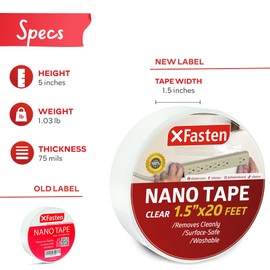XFasten Reusable Double-Sided Nano Tape, 1.5-Inch x 20 Feet, Clear, Movable and Washable Double-Sided Gel Mat Grip Adhesive Putty Brick Tape | Bathroom, Kitchen Silicone Grip Nano Mounting Tape