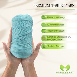 MeriWoolArt Cotton Yarn Ribbon Blue - 10 mm T-Shirt Tape Yarn for Knitting, Macrame, Crochet, Weaving, Gift Ribbon - 150 m Cotton Ribbon (Azure Blue)