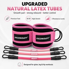 Ankle Resistance Bands with Cuffs, Natural Latex Tubes, 3 Levels for Leg and Glute Workouts, Padded Ankle Straps for Kickbacks, Hip Training and Home Gym Exercise for Women(Pink)