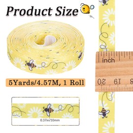 CABODYALS 9.14M 10mm Yellow Bee Ribbon White Polyester Bees Pattern Print Ribbon Spring Printed Grosgrain Fabric Ribbons Thin Bulk Roll for Sewing Making Crafts Wreaths Home Party Decor Supply