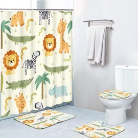 Britimes 4 Piece Shower Curtain Sets, Safari Kids Animals Cute with Non-Slip Rugs, Toilet Lid Cover and Bath Mat, for Bathroom Decor Set, 72" x 72"