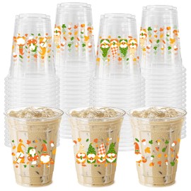 CIEOVO 50 Pack 12oz Fall Party Cups, Thanksgiving Disposable Clear Plastic Cups with Fall Pumpkin Maple Leaf Gnome for Autumn Thanksgiving Wedding Party Beer Beverage Ice Cream Snacks Decoration