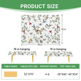 Livcoz Spring Summer Birds Branches Rectangle Tablecloth 52 x 70 Inches, Cardinal Bluebirds Goldfinch Decorative Dining Table Cloth, Robin Chickadee Seasonal Dinner Table Cover Picnic Party Decoration