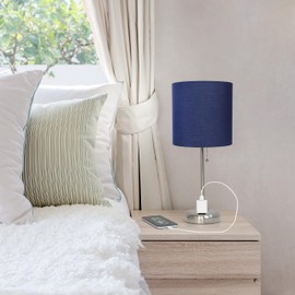 Simple Designs LT1144-NAV Sleek and Slender Brushed Steel Table Lamp with Charging Outlet, for Bedroom, Living Room, Entryway, Office, Dining Room, Study, Navy Blue Shade