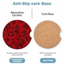 Red Rose 2 Pack Car Cup Holder Coaster Anti Slip Insert Absorbent Ceramic Car Coaster with Cork Base and Finger Notch Cute Car Accessories Interior for Women Men