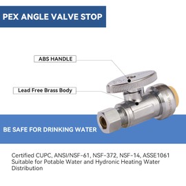 GUOFIS Push Fit 1/4 Turn Straight Stop Valve,1/2 Push X 3/8 Inch Compression Water Shut Off Valves with Disconnect Clip, for PEX, Copper, CPVC(10Pack)