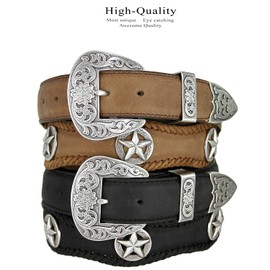 Austin Texas Star Conchos Cowboy Cowgirl Western Belt Crazy Horse Scalloped Genuine Leather Belt 1-1/2"(38mm) Wide (Brown, 44)