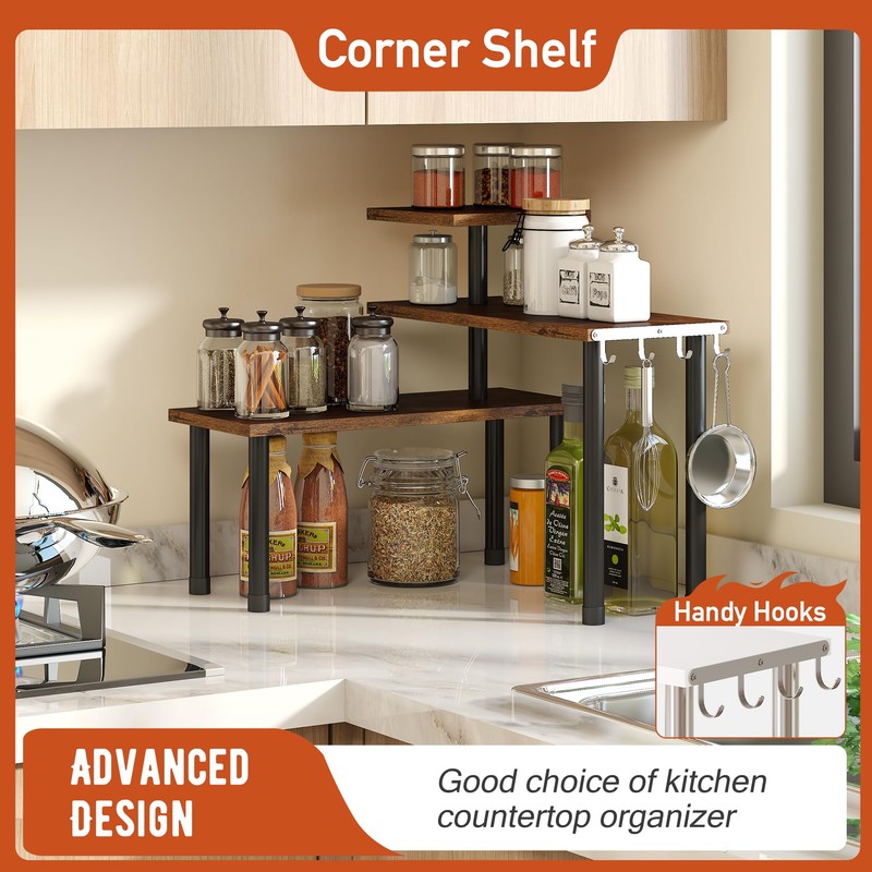 GHWIE Corner Shelf Organizer, 3 Tier Bamboo Kitchen Countertop Rack