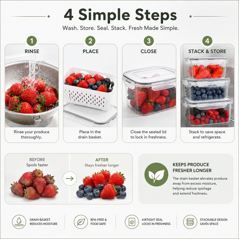 5-Piece Produce Storage Containers for Fridge – Stackable Food Keepers