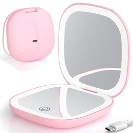 LED Compact Makeup Mirror, 4 Inches 1X/10X Magnification Travel Mirror with Light Dimmable Double Sides Lighted USB Rechargeable Compact Mirror, Travel Essentials Magnifying:_pink