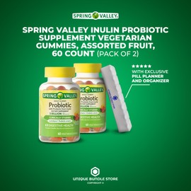 Spring Valley, Probiotic Gummies, Inulin Supplement Vegetarian, Probiotics for Adults Gummies, Assorted Fruit, 60 Count + 7 Day Pill Organizer Included (Pack of 2)