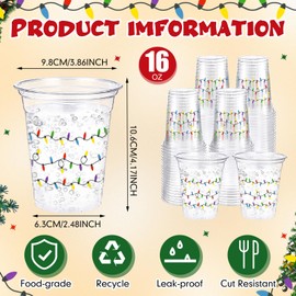 100 Pack 16 oz Christmas Clear Plastic Cups with Lights Design