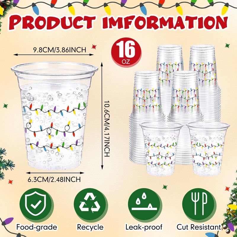 100 Pack 16 oz Christmas Clear Plastic Cups with Lights