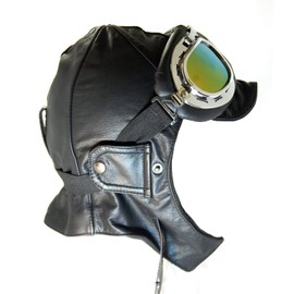 BLUETECH Convertible Hat Aviator Cap Vintage Car Hat Leather in Black with Panorama Glasses Men Women Unisex N, black