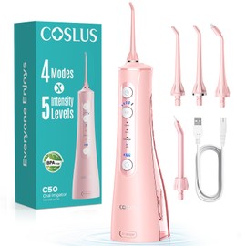 COSLUS Water Flosser for Teeth Cordless: 4 Modes &20 Levels - Portable Irrigador Dental for Health - Conscious Sensitive Users Gums - Travel Home Use with 4 Jet Tips - Pink