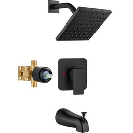 Heyalan Shower Faucet Set with Tub Spout, Bathtub and Shower Trim Kit with Valve, Single Handle Bathroom Shower Faucet Set 6 Inch Square Rainfall Shower Head,Matte Black