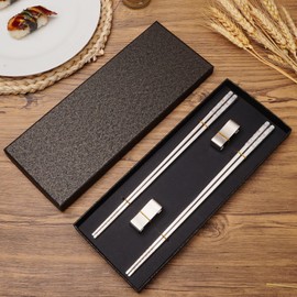 Stainless Steel Chopsticks, Titanium Plated Metal Chopsticks, 9.8" Premium Japanese Korean Color Laser Engraved Cooking Chop Sticks, Dishwasher Safe, Reusable, Anti-slip, Anti-scald, 2 Pairs Gift Set