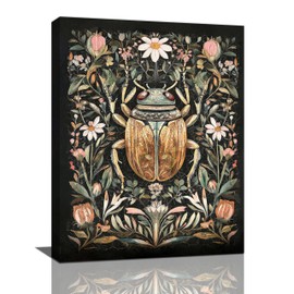 Vintage Insect Wall Art Rustic Scarab Wall Decor Nature Botanical Canvas Pictures Paintings Prints Artwork Framed Decorations For Bathroom Bedroom Living Room Office Gifts 12" x 16"