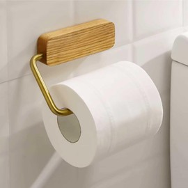 Self Adhesive Toilet Paper Holder - Scandinavian Design with Solid Brass & Natural Wood, No Drill Installation, Curved Bar Prevents Roll Slipping, 2.5" Wall Clearance - Rustproof Bathroom Organizer