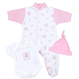 Premature Early Baby Girls Clothes 3 Piece Set - Sleepsuit, Bodysuit & Hat 1.5lb - 3.5lb PINK TEDDY 32-38cm