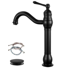 gotonovo Single Handle Vessel Sink Faucet 360° Swivel Bathroom Faucet One Hole Farmhouse Lavatory Vanity Faucet Bowl Sink Mixer Tap with Pop Up Drain, Matte Black