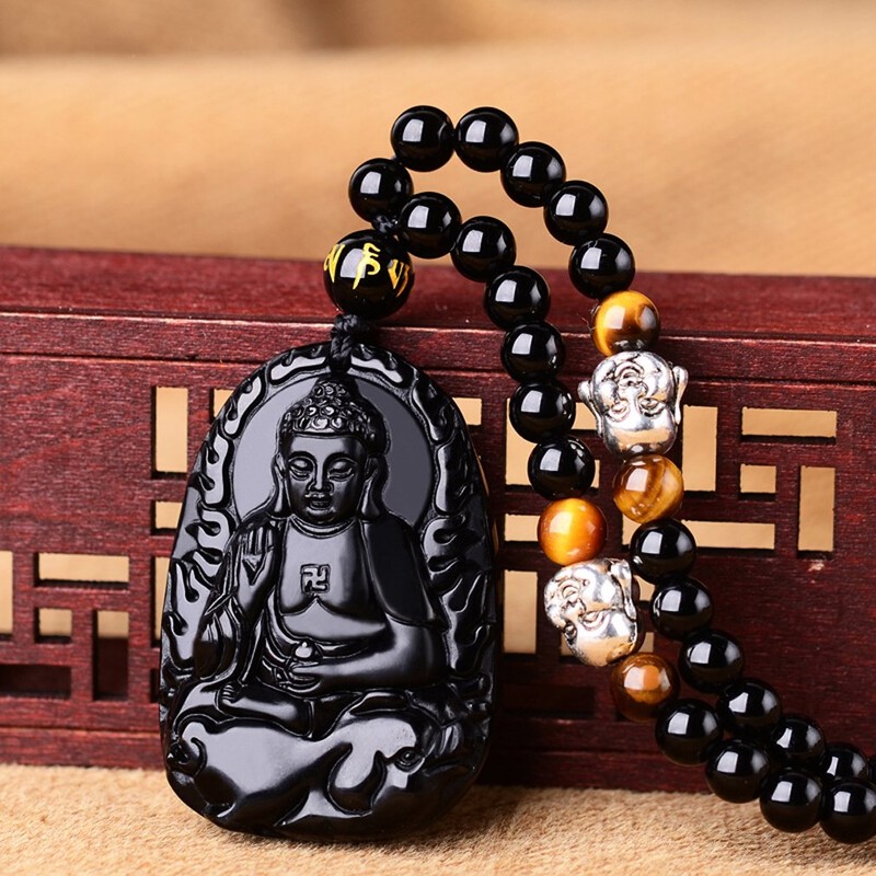 Collar con colgante natural de obsidiana natural y zodíaco Bodhisattva,