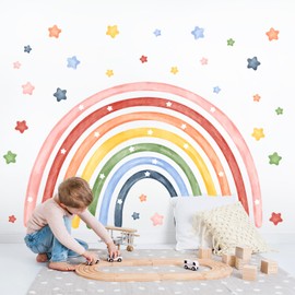 Tanlaby Large Rainbow Wall Stickers Watercolor Stars Wall Decals Peel and Stick Colorful Art Decor for Baby Nursery Girls Bedroom Kids Playroom Daycare Classroom (143 x 88 cm)