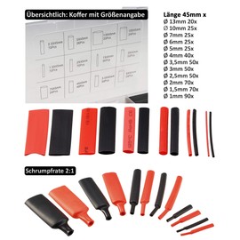 ChiliTec Heat Shrink Tubing Box 560 Pieces Indoor Outdoor Insulation Sealing Cable 11 Sizes Shrink Rate 2:1 45 mm Long Black Red
