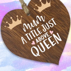 Birthday Heart Gifts from Daughter Son - Mum A Title Just Above Queen - Best Mum Gifts Presents for Mum, Mothers Day Hanging Wooden Heart Sign Plaque Gift - Dark Wood Hearts Sign