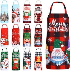 Suhine 12 Pack Christmas Aprons Bulk Adjustable Red Green White Black Plaid Apron Funny Gnome Santa Reindeer Merry Xmas Chef Apron for Women Kitchen Cooking Baking Holiday Party Supplies (Snowman)