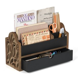 Dhmkfly Desk Organizer with Drawer Wood File Office Mail Organizer Countertop-5 Slot Tabletop Storage Pen Organizer Letter Holder for School Home Office Supplies