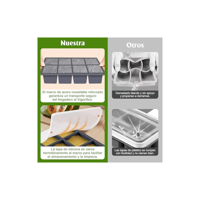 Moldes de Silicona para hielos, 8 Compartimientos con Tapa de