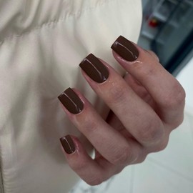 Brown Press on Nails Short Square, Natural Gel Nails Glue on Fall Colors 2025 Trendy Acrylic Nails Press ons Featured Protective Coat Reusable Fake Nails Short Coffin Nails 24Pcs
