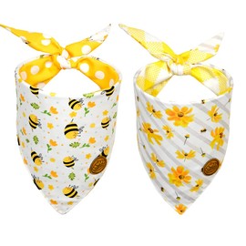 CROWNED BEAUTY Spring Summer Dog Bandanas Reversible Large 2 Pack, Floral Bee Set, Plaid Polka Dots Adjustable Triangle Holiday Yellow Scarves for Medium Large Extra Large Dogs Pets DB32-L