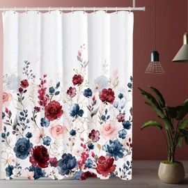 Tititex Aesthetic Navy Red Pink Rose Floral Shower Curtain Sets, Watercolor Gold Flowers Leaves Bathroom Decorative 71x71 Inch Polyester Waterproof Fabric Bath Curtain with Hooks