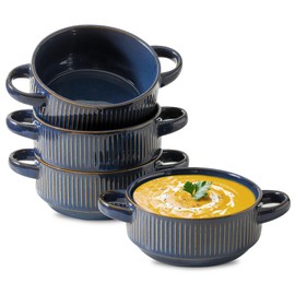 Howise Soup Bowls with Handles, 20 oz French Onion Soup Crocks, Stackable Soup Bowl Oven Safe for Chili, Beef Stew, Embossment Ceramic Bowl Set - 5.4 Inch, Set of 4，Blue
