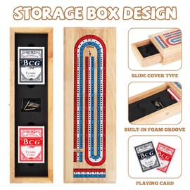 Wooden Cribbage Board Game Set – 3-Track Hardwood Cribbage Board with Storage Drawer, Metal Pegs, Two Decks of Cards, Travel-Friendly Family Strategy Cribbage Game for 2-3 Players, Gift for Adults