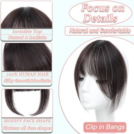 Clip in Bangs,100% Real Human Hair French Fake Bangs Hair Clip for Women Dark Brown Natural Curtain Fringe with Temples Hairpieces for Daily Wear (French, Dark Brown)